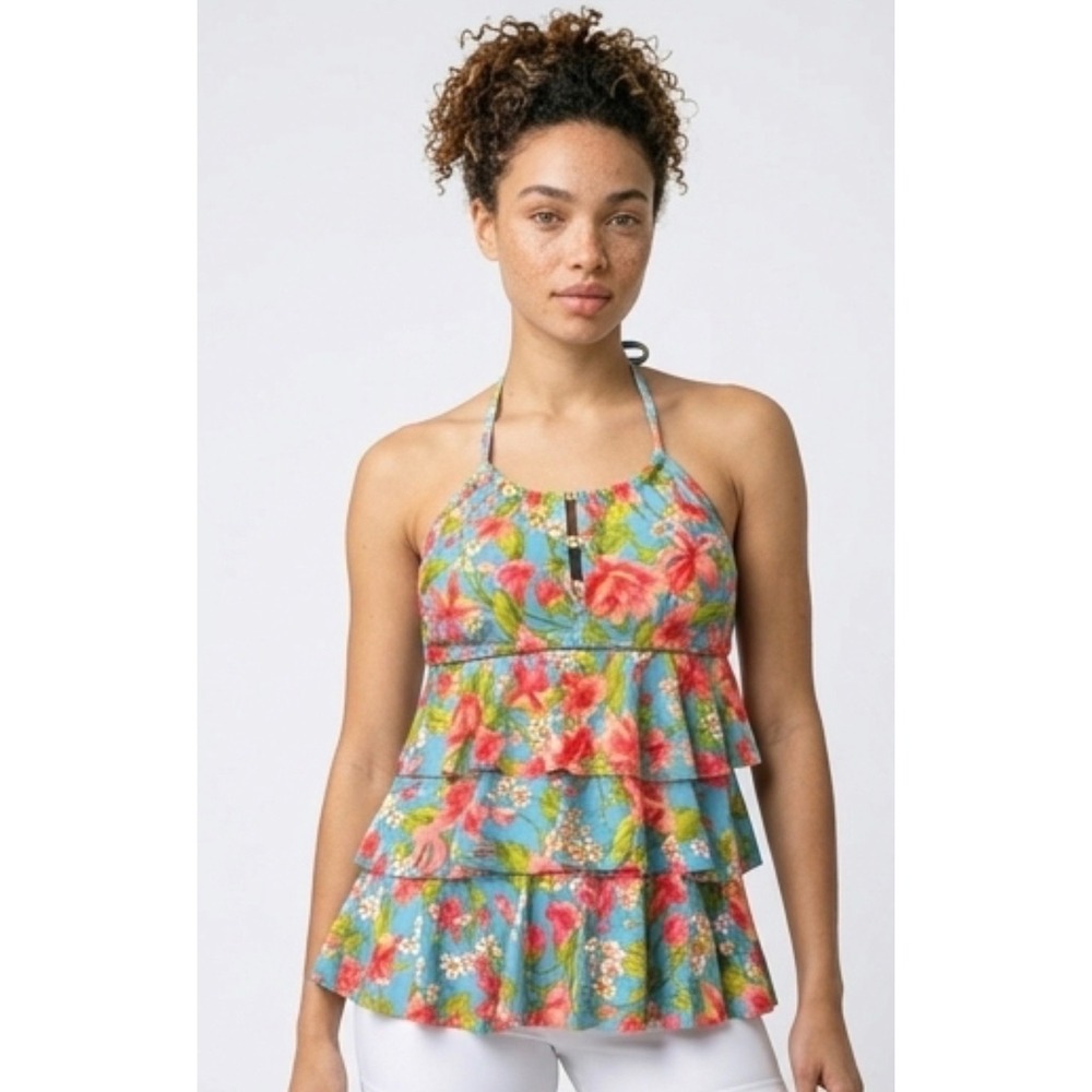Catalina Tankini Top Women Size‎ M 8-10 Blue Floral Excellent Ruffle Halter